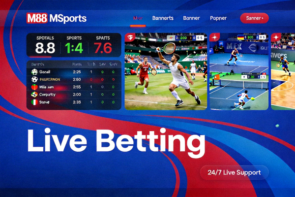 Banner M88 MSports menampilkan antarmuka taruhan olahraga dengan berbagai pertandingan live