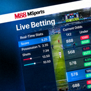 Tampilan live betting M88 MSports dengan statistik pertandingan real-time dan odds berubah